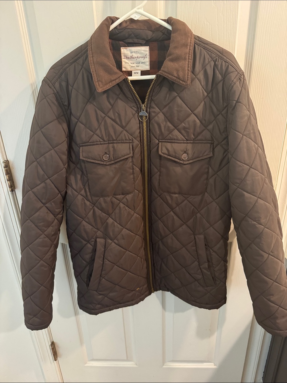 Weatherproof Quilted Jacket with Corduroy Collar in Brown